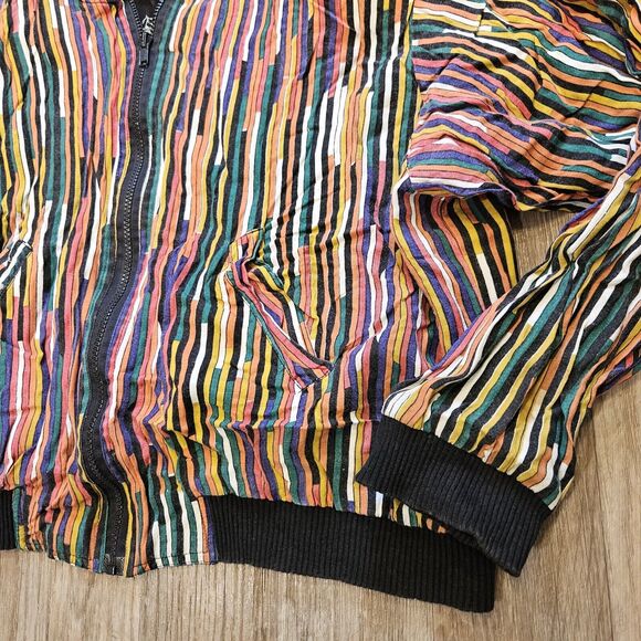 Vtg Multicolor Stripe Bomber Jacket Womens MArtsy Ecletic Floral Lining Full Zip - Picture 2 of 8